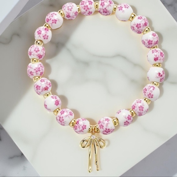 Pink Chinese-Style Ceramic Floral Beaded Stretch Bracelet w/ Bow Charm - Picture 2 of 5